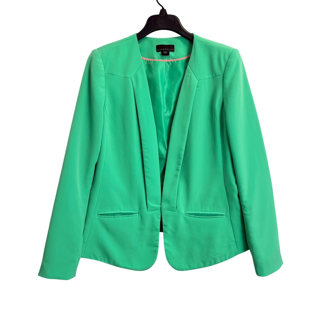 Attention Womens Green Open Front Blazer Jacket Size 12 Collarless Pocket